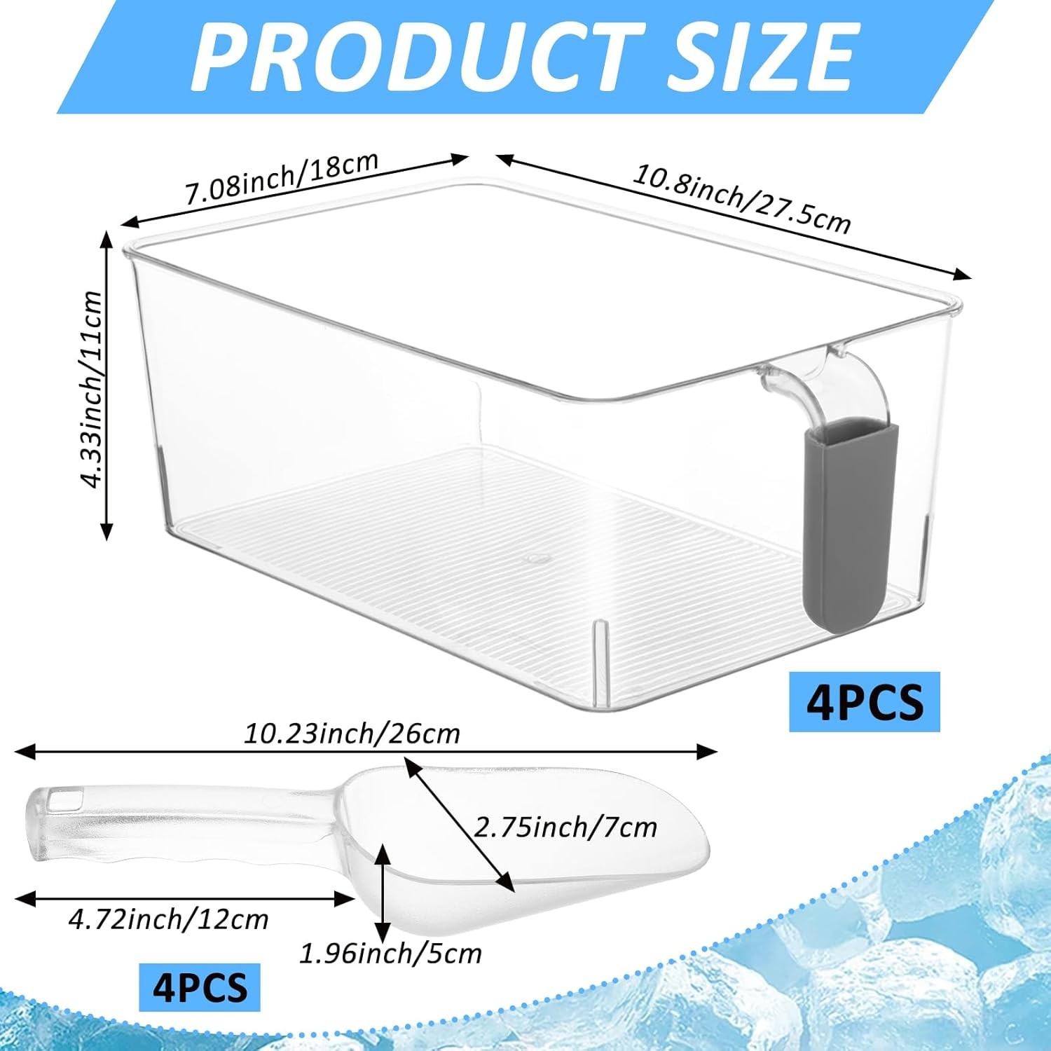 2 Set Ice Storage Bins Freezer W/ Lid & Flexible Scoop Transparent Plastic Ice