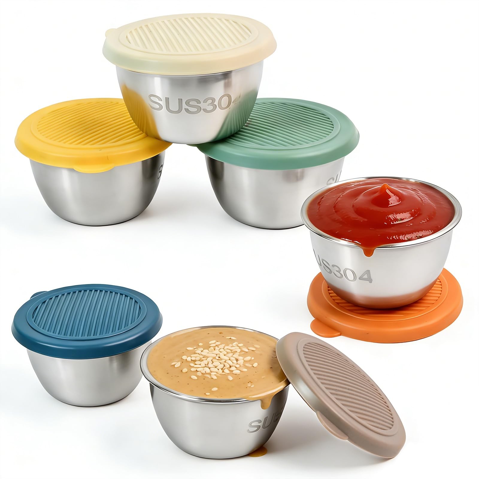 6 Pack Stainless Steel Condiment Cups With Lids, Reusable Leakproof Sauce Con…