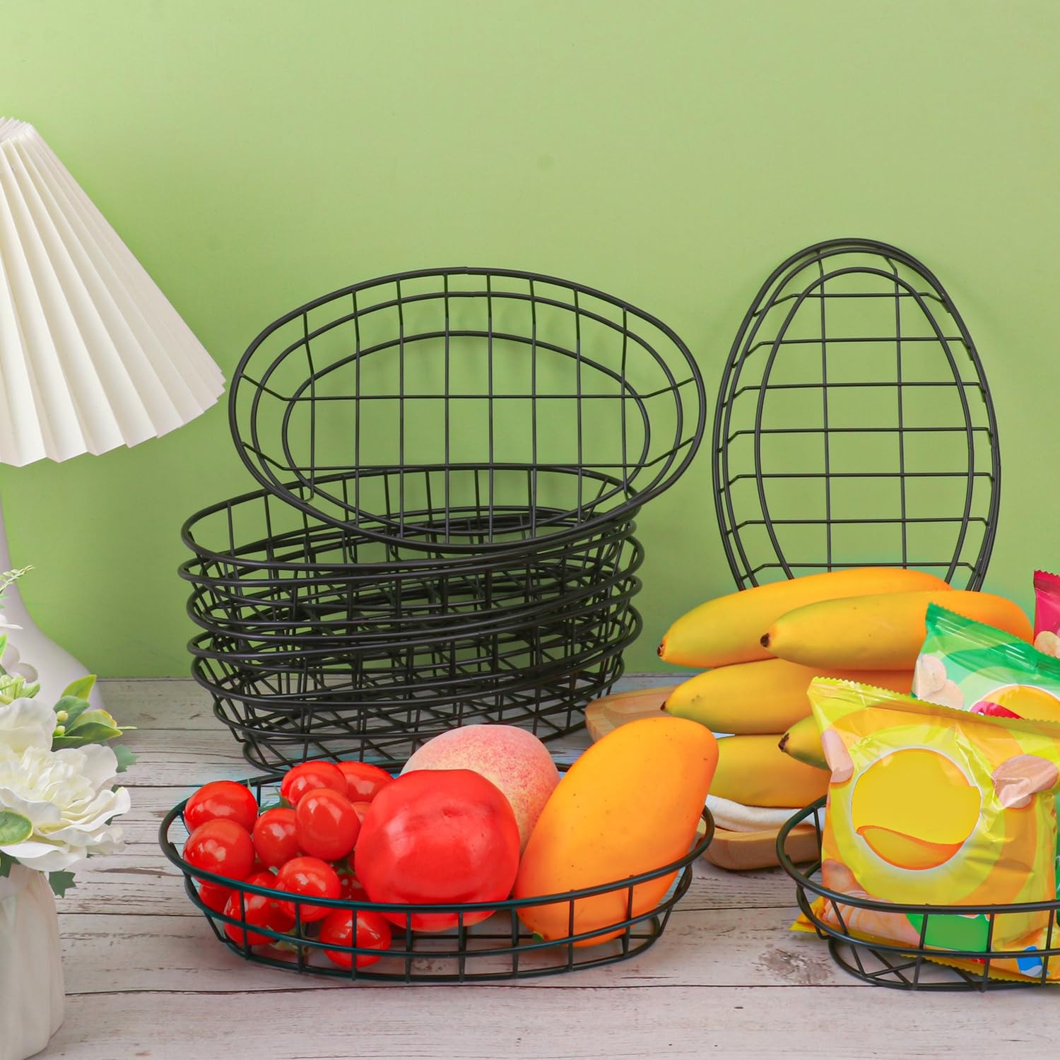 12 PCS Oval Wire Bread Basket 9.5×6.2×2.17 Inch 50 Sheets Deli Wrapper Black
