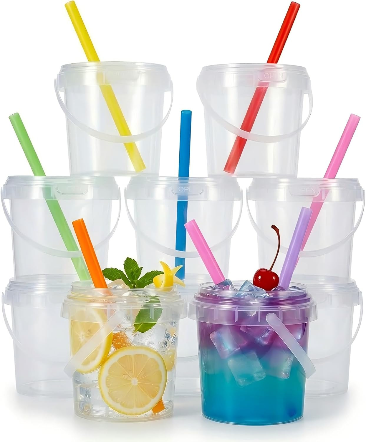 10 Pack 34Oz Clear Plastic Drink Buckets with Dual-Lid System, Reusable 1L Cups