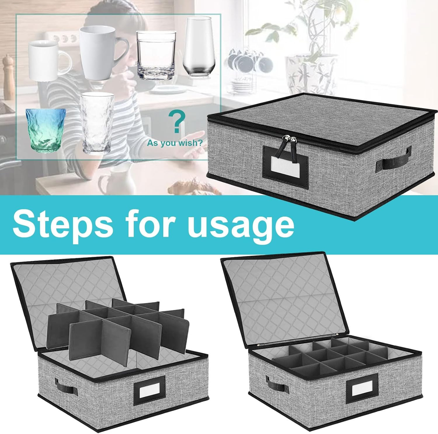 5-Pack Quilted Dish Storage Boxes for 48 Plates & 12 Cups – Grey