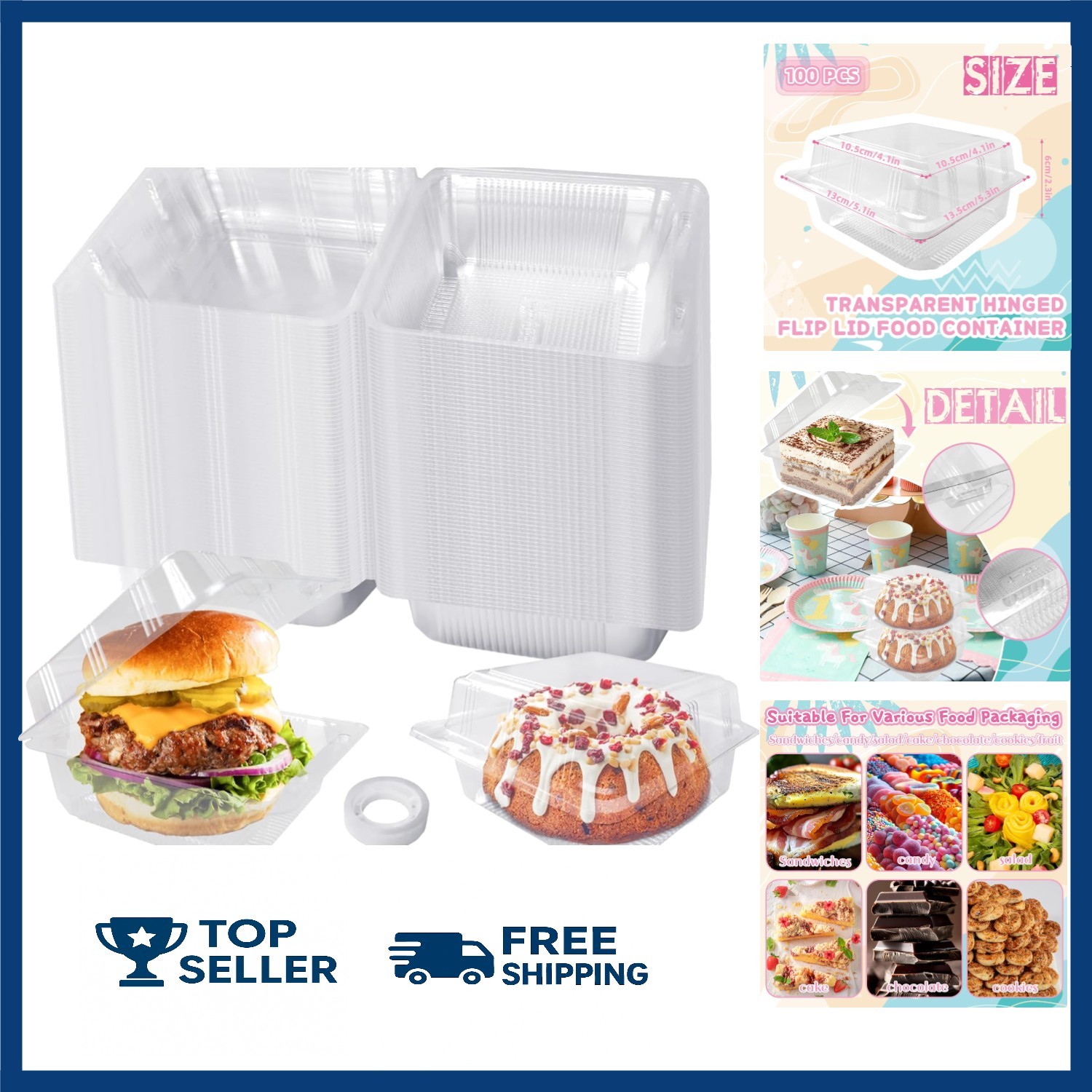 Food Storage Containers Clear Hinged Plastic Food To Go Clamshells 100pcs