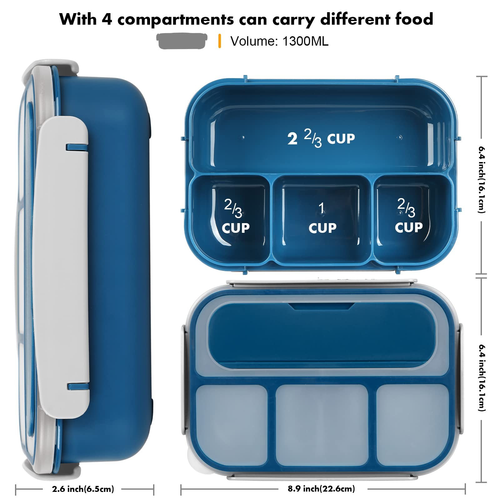 Yumuk Bento Box, Lunch Box Kids, 1300ML Adult with 4 Compartment &Food Blue