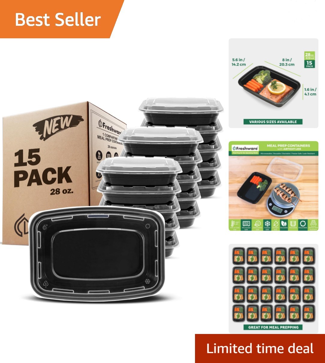 Meal Prep Containers 15 Count Pack of 1 Compartment Food Storage Containers w…