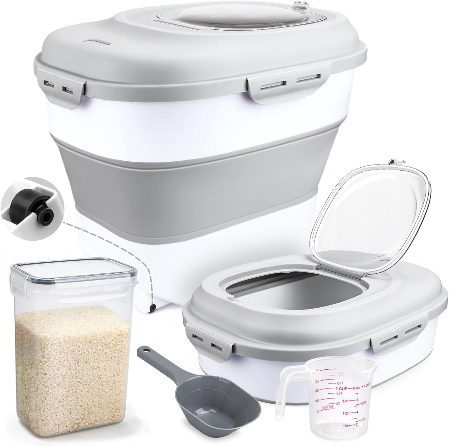 Rice Storage Bin Cereal Containers, 13-50lb Collapsible Rice Container Dispenser