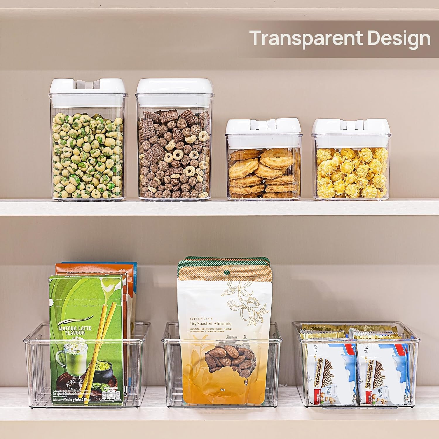 4 Pack Food Storage Organizer Bins, Clear Plastic Bins for Pantry, Kitchen, F…