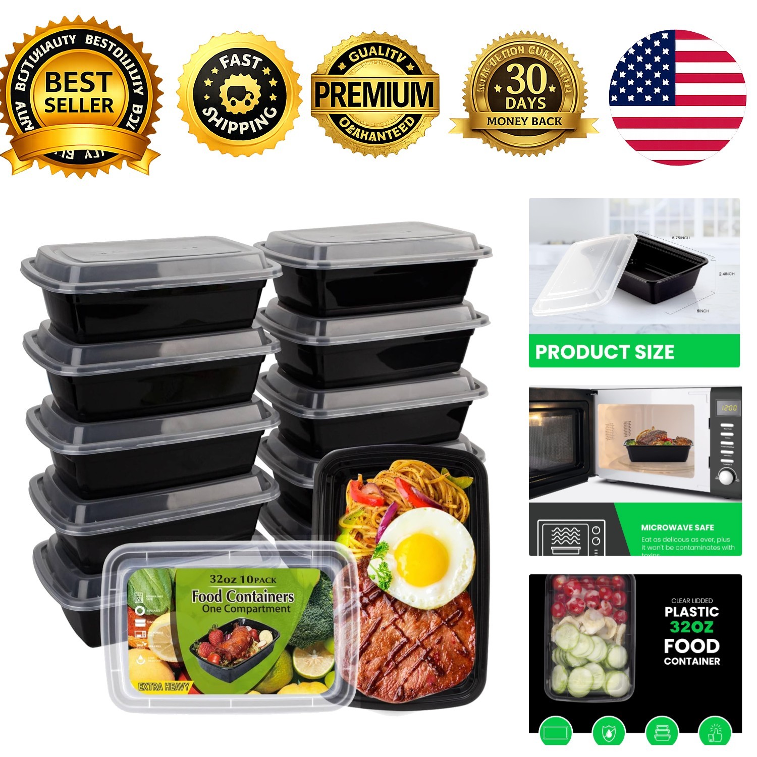 Meal Prep Containers 10 Pack 32oz Food Storage Containers BPA-Free Lids