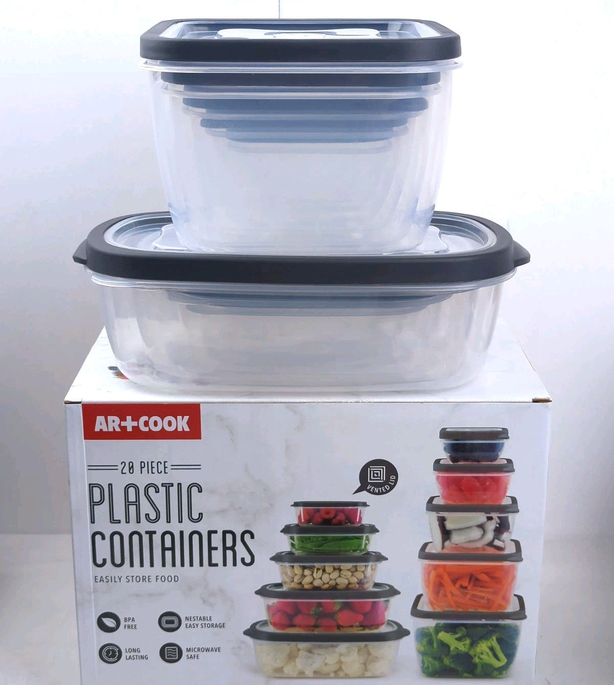 AR+COOK 20-piece FOOD STORAGE CONTAINER Set, BPA Free Plastic, Nestable, NEW