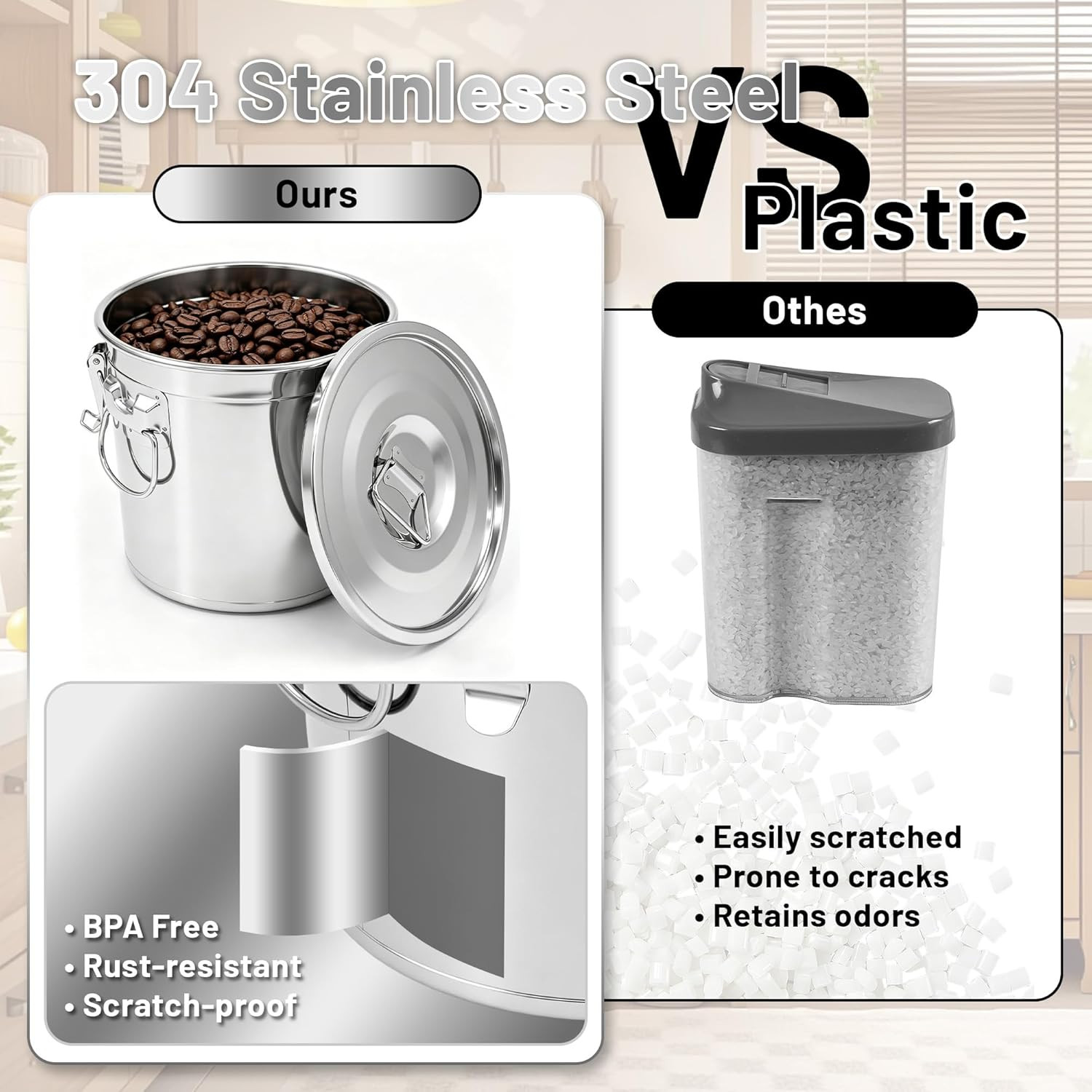 304 Stainless Steel Airtight Food Storage Container with Locking Lid & Clips 5.5