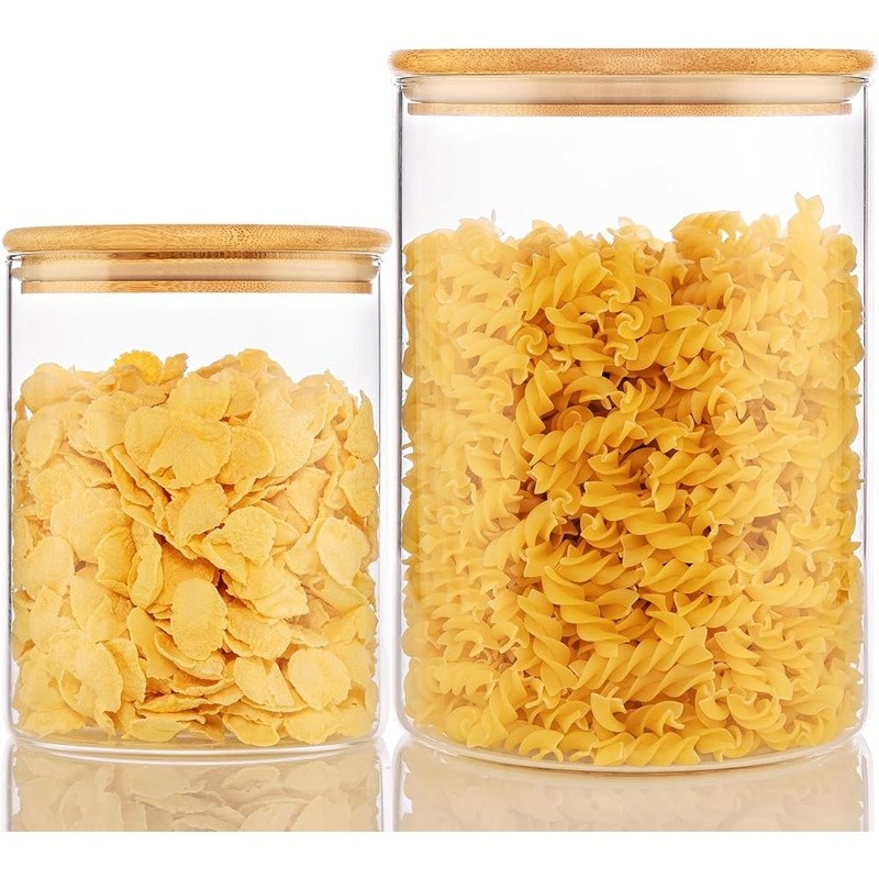 Large Glass Storage Jars W/ Airtight Bamboo Lids Food Container Set 2 Pack New