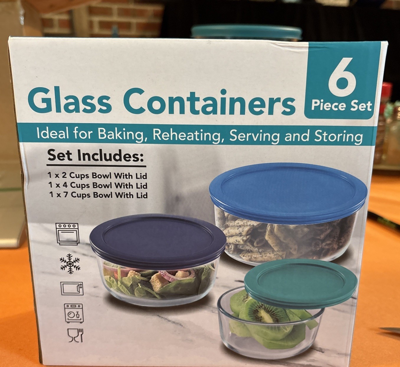NEW 6 piece set Glass storing containers / Lids 1 @ 2 cup, 1 @ 4, 1 @ 7 cups