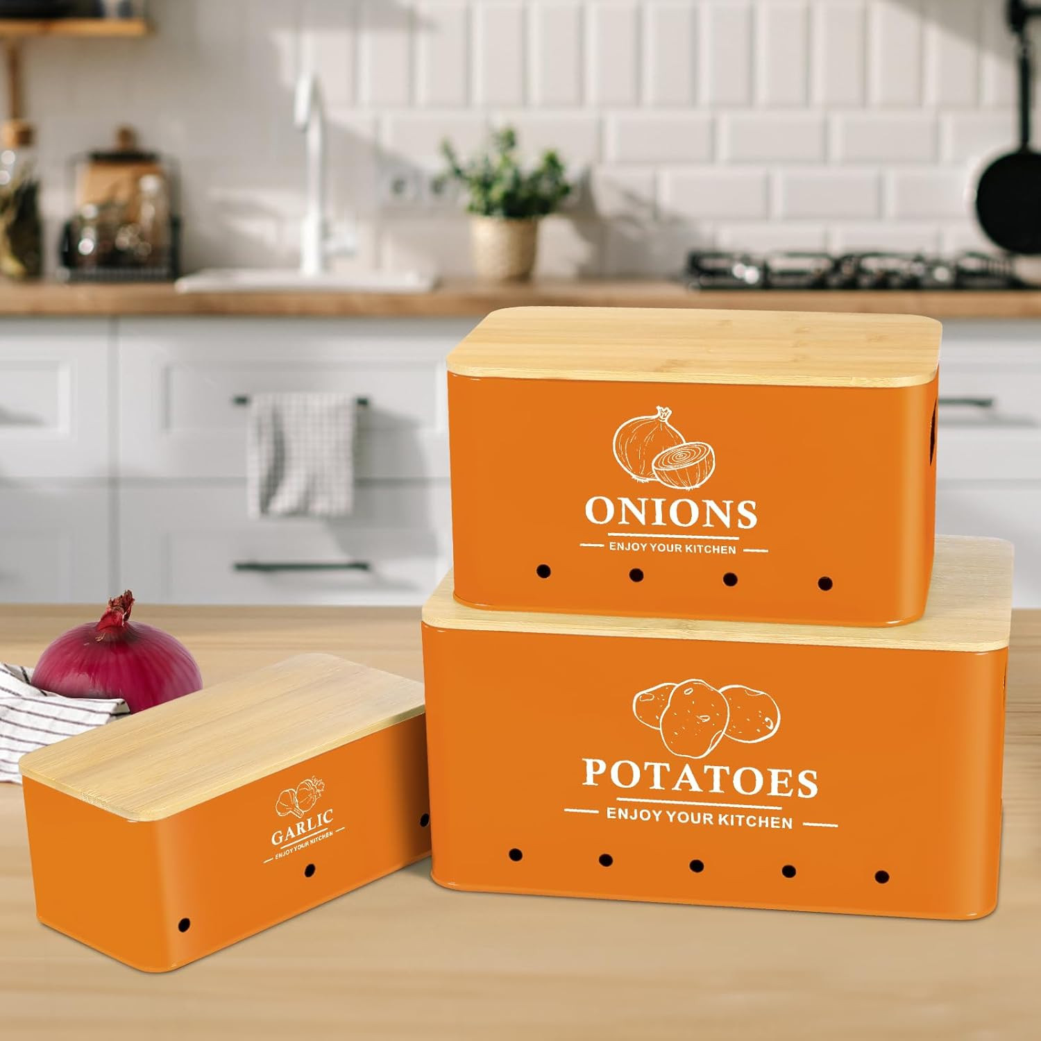 Kitchen Vegetable Storage Set of 3, Metal Onion Garlic Potato Storage Set, Kitch