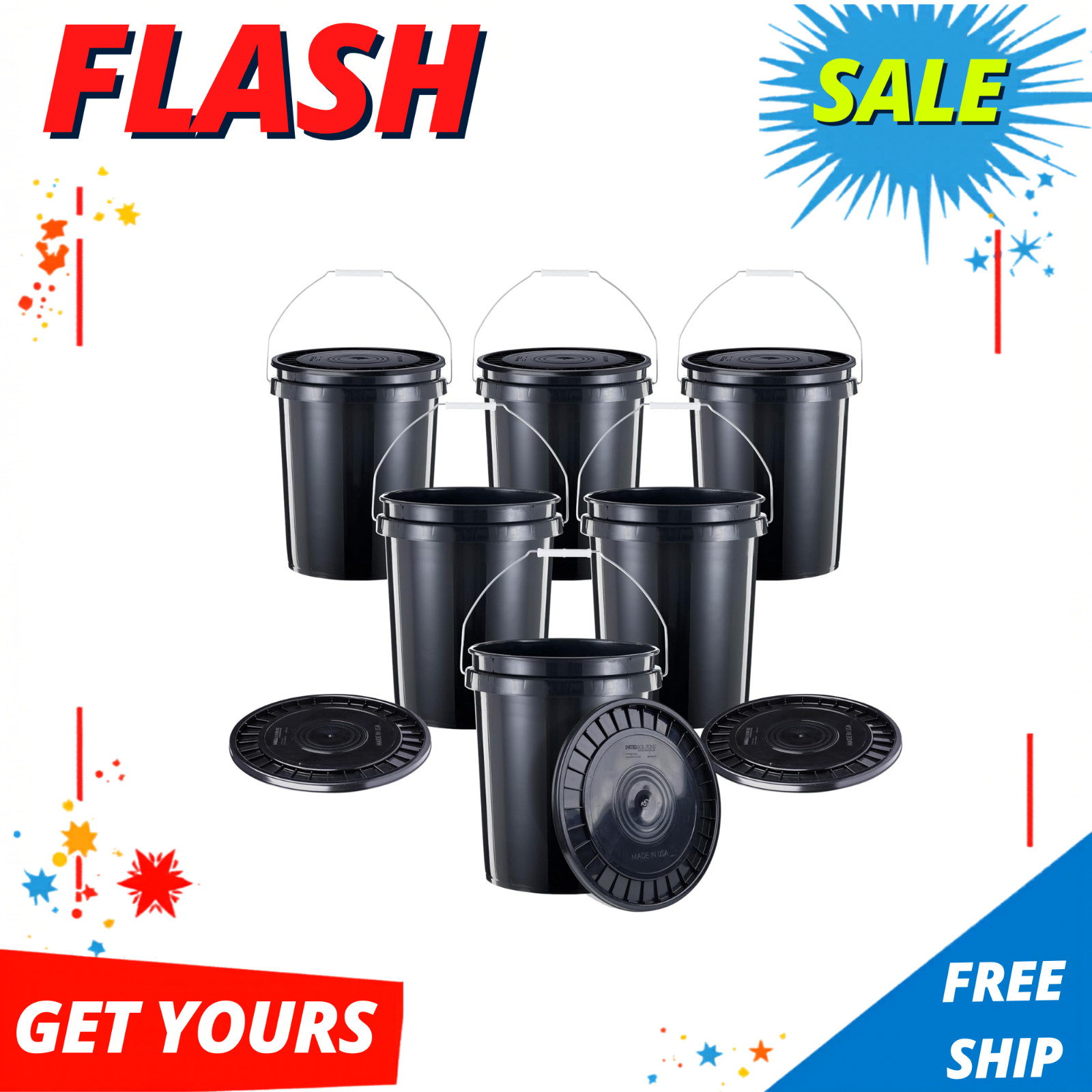 NEW 5-Gallon Heavy-Duty Buckets Snap-On Lids 6-Pack Food-Grade Black