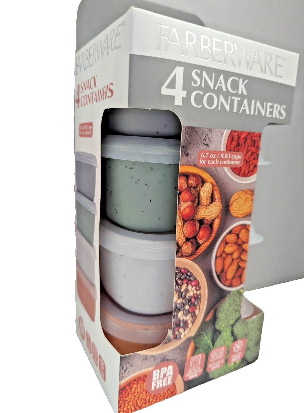 Farberware 4-pc Snack Containers Lids 6.7 oz Rectangle Speckled Colors BPA Free
