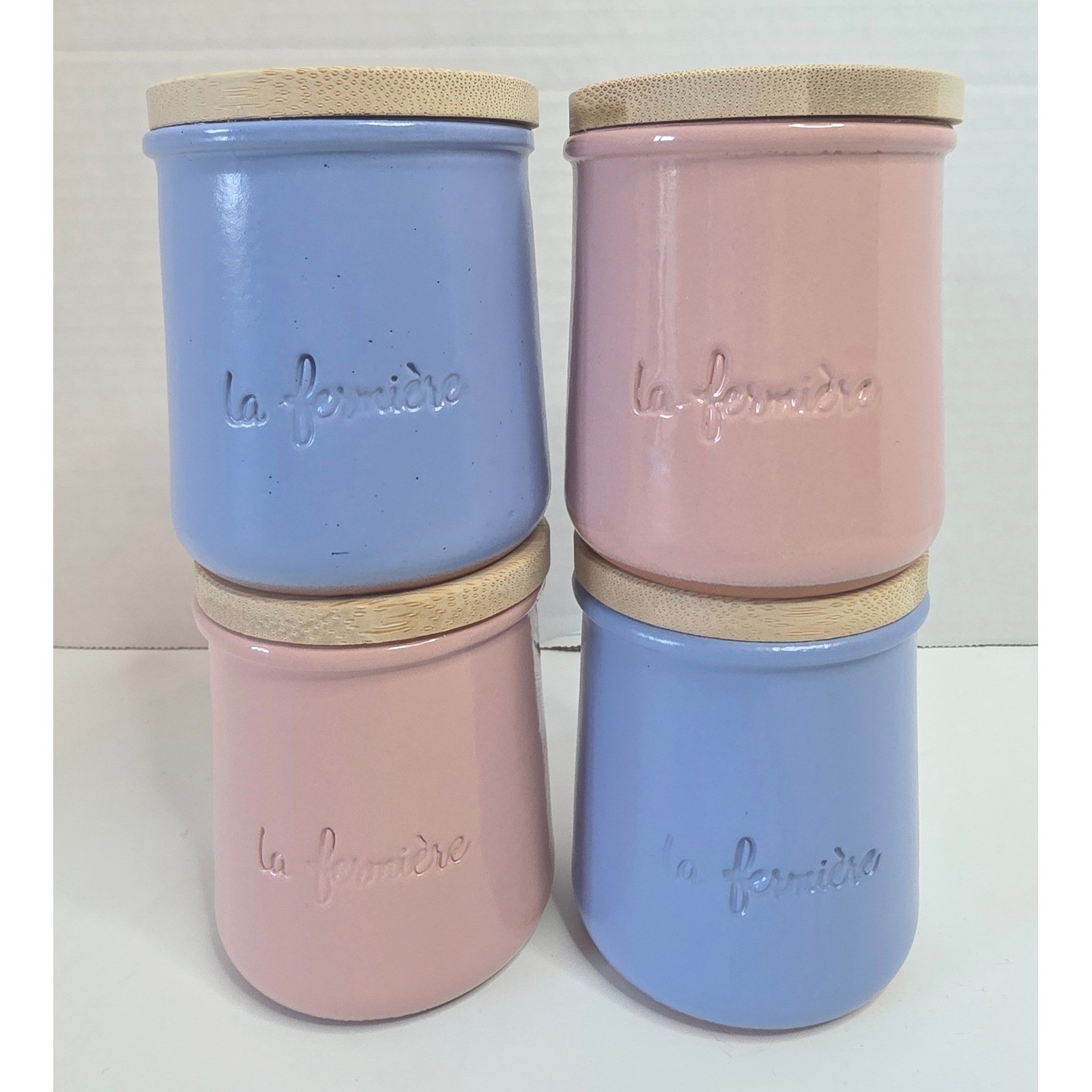 La Fermiere Terracotta Yogurt Jars Set of 4 Pink Blue Ceramic Pots Bamboo Lids