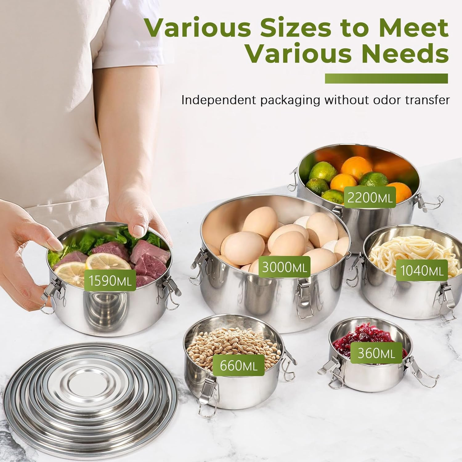 6-Pcs Stainless Steel Food Storage Containers with Lids Leakproof Bento Set