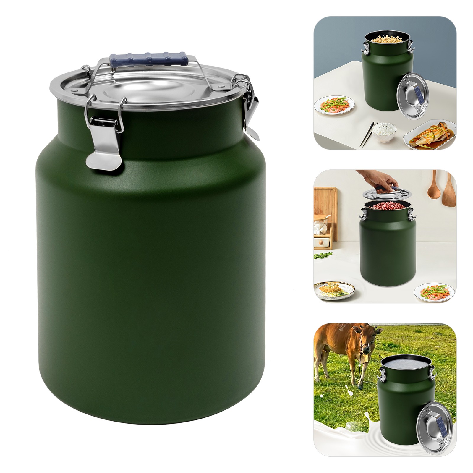 Green Stainless Steel Rice Storage Container 12L Round Grain Container with Lid