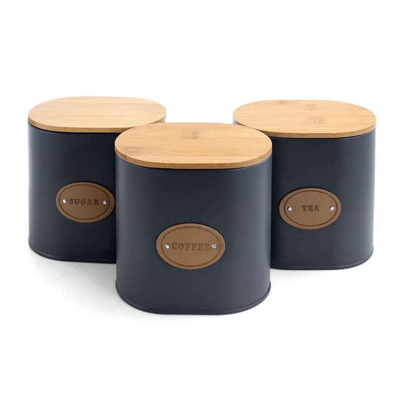 5 Piece Kitchen Food Storage Canister Set Metal Containers Bamboo Lids New