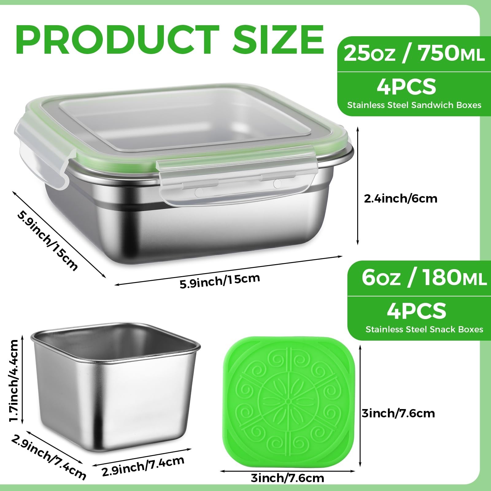8 Pack 25 Oz Stainless Steel Sandwich Containers with Lids and 6 Oz Snack Box…