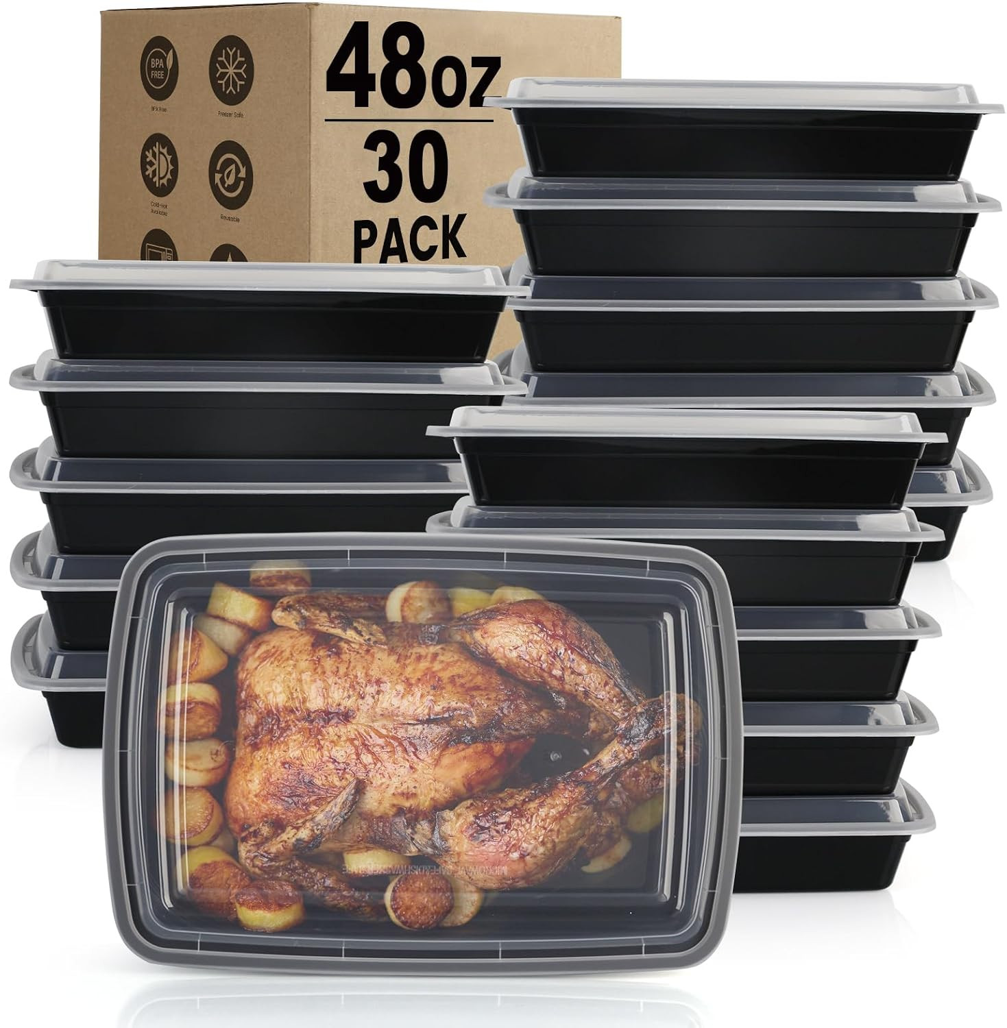 Reusable Meal Prep Containers 30 Pack – 48Oz BPA Free, Microwave/Dishwasher Safe