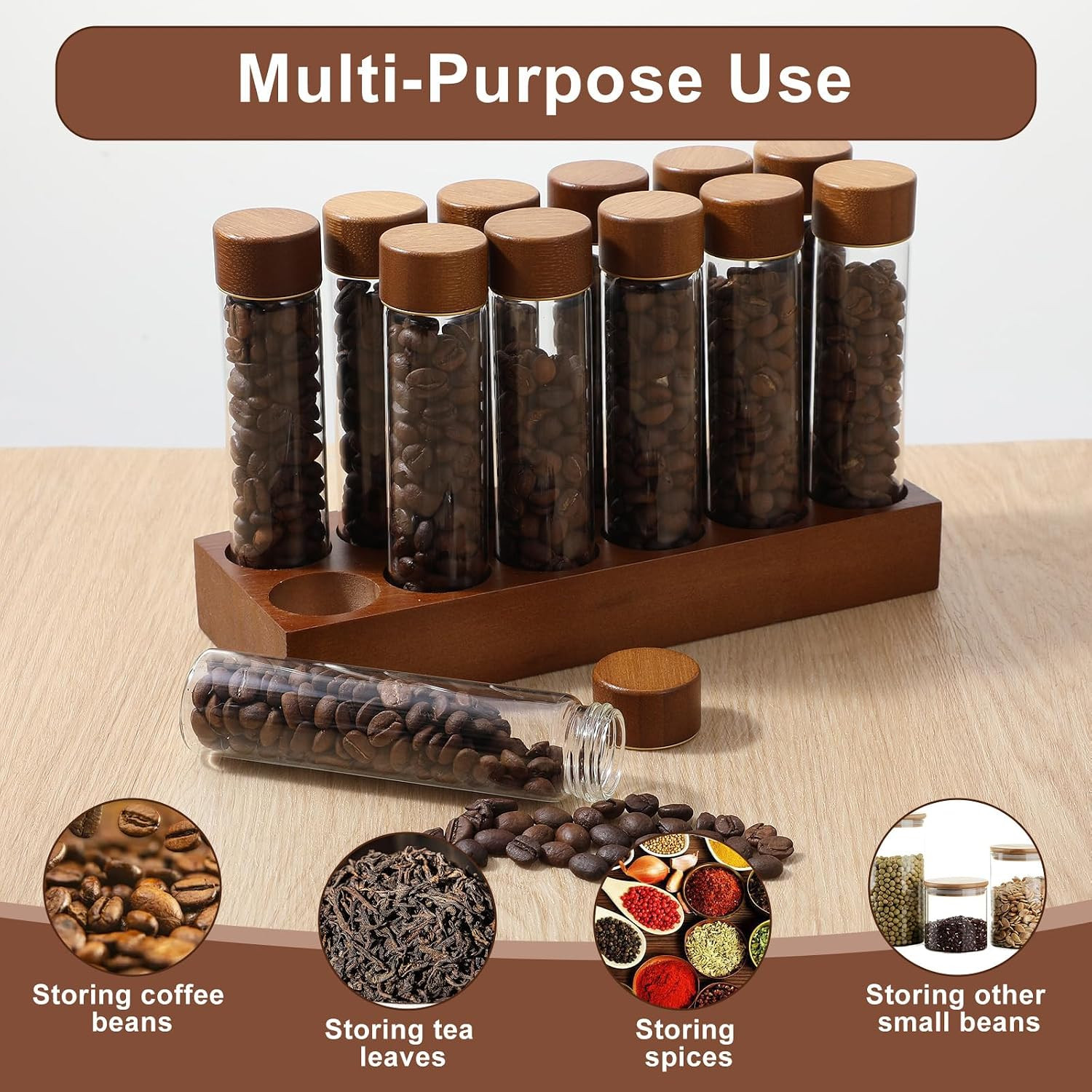 12-Pack Single Dose Coffee Bean Storage Tubes with Pine Wood Stand – Airtight Gl