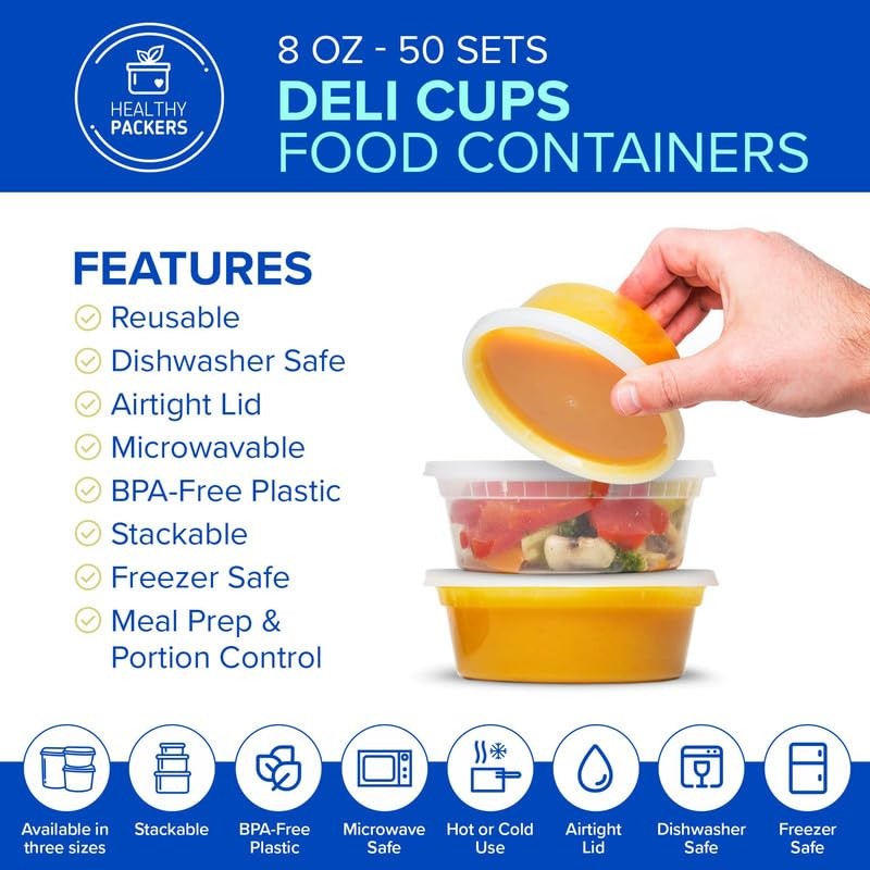 Healthy Packers Plastic Deli Containers with Lids 8oz 50 pack, 50 pack