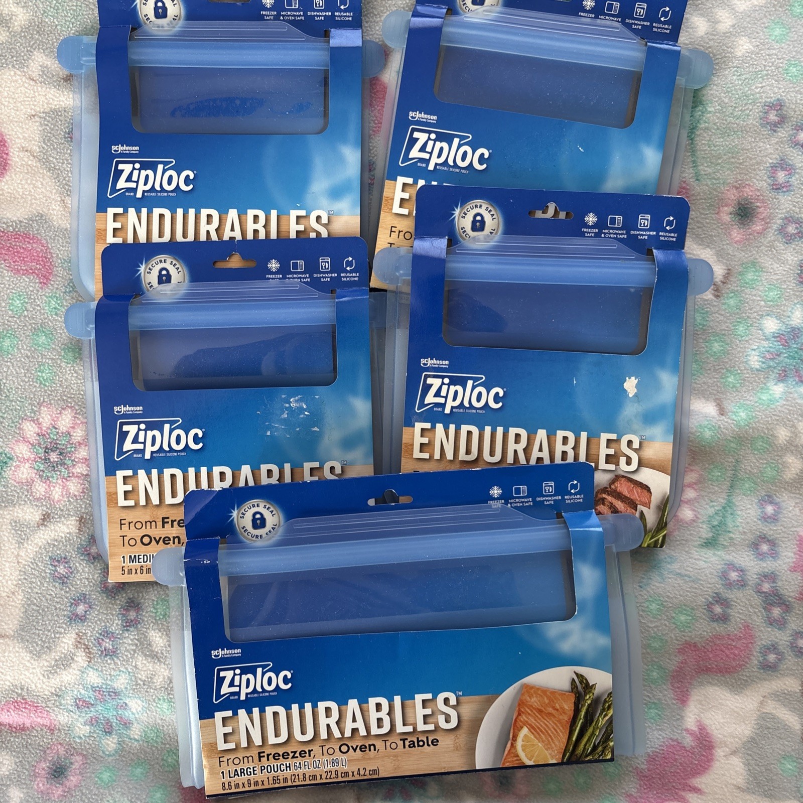 5 Ziploc Endurables 4 Medium And 1 Large Reusable Silicone Brand New Container