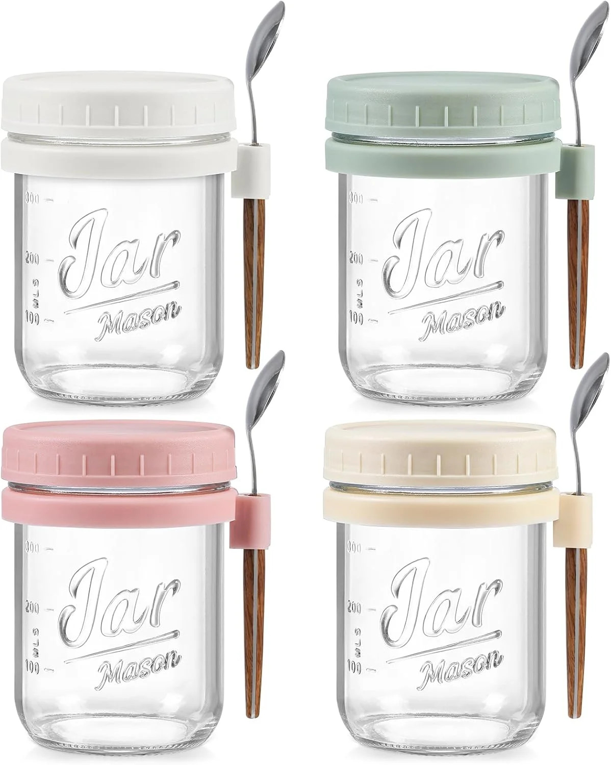 4 Pack Overnight Oats Containers with Lids and Spoons, 16 oz Glass Mason Jars wi
