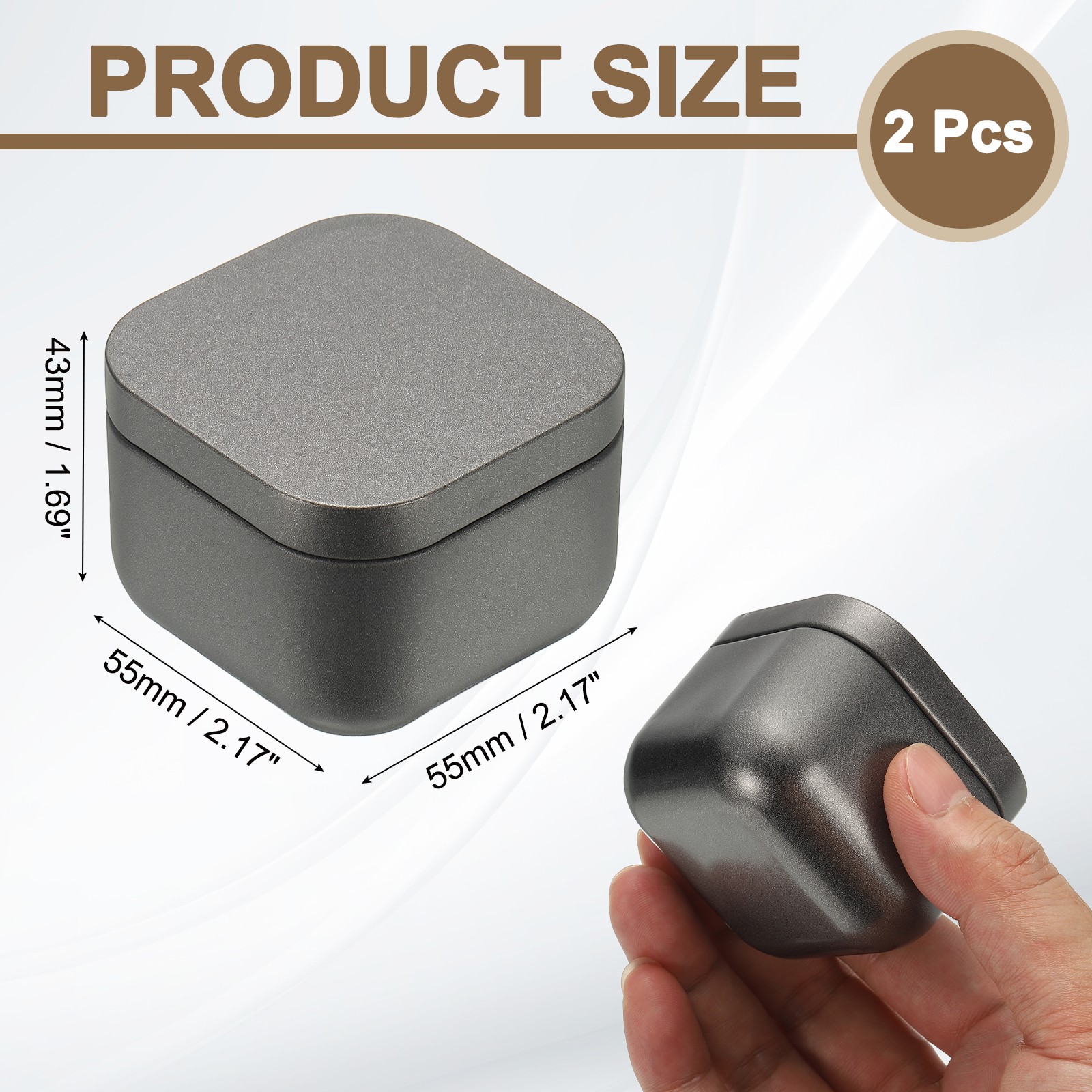 2Pcs Square Tin Can with Lids 2.2 x 2.2 x 1.7″ Small Metal Tins Silver Gray