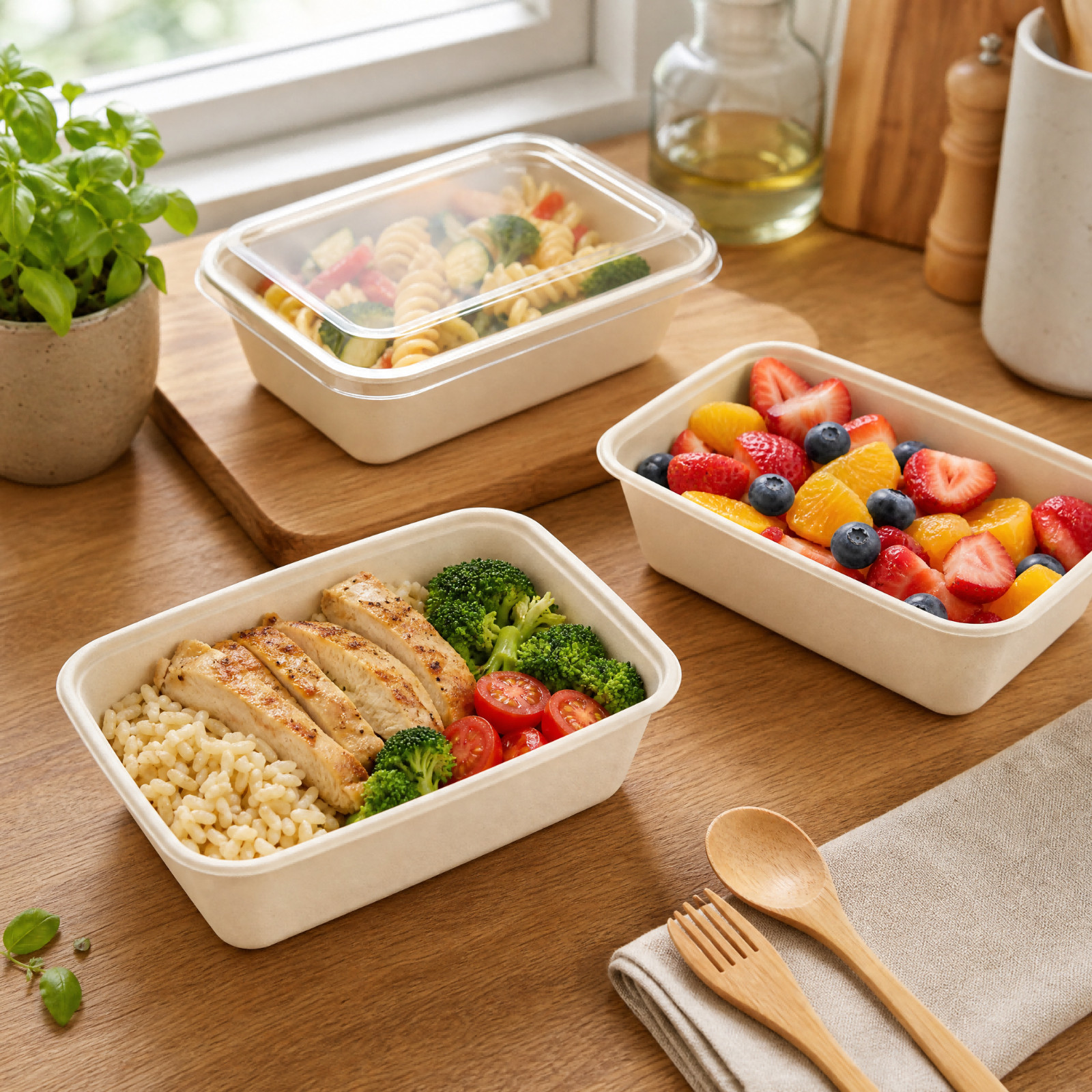 50/100sets ST-858G Sugarcane Fiber Take Out Containers Biodegradable Bento Box