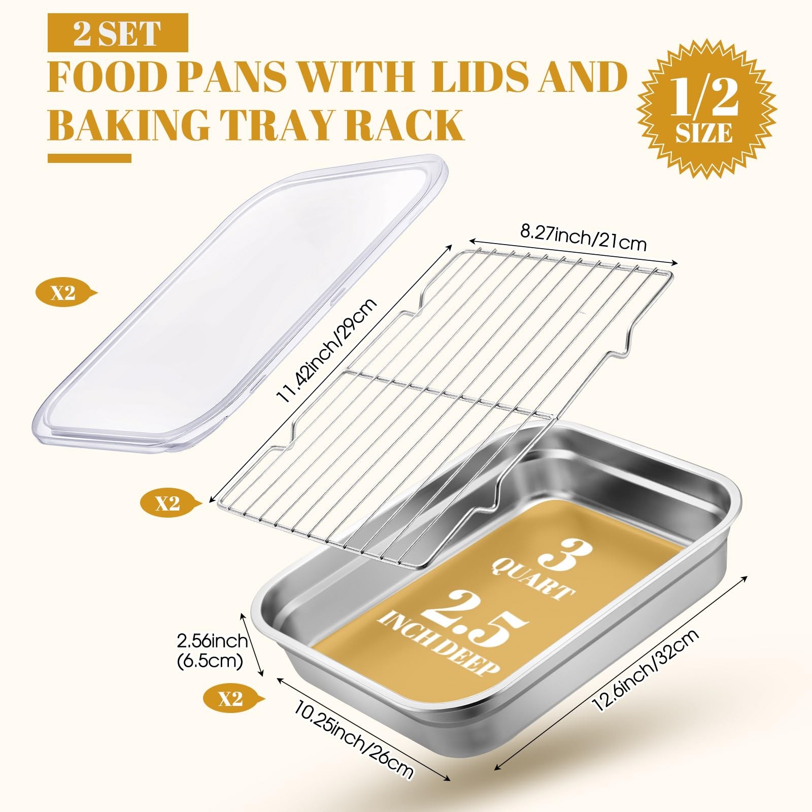 Teenyyou Stainless Steel Food Container with Lid Rack Roasting Baking Pan Cak…