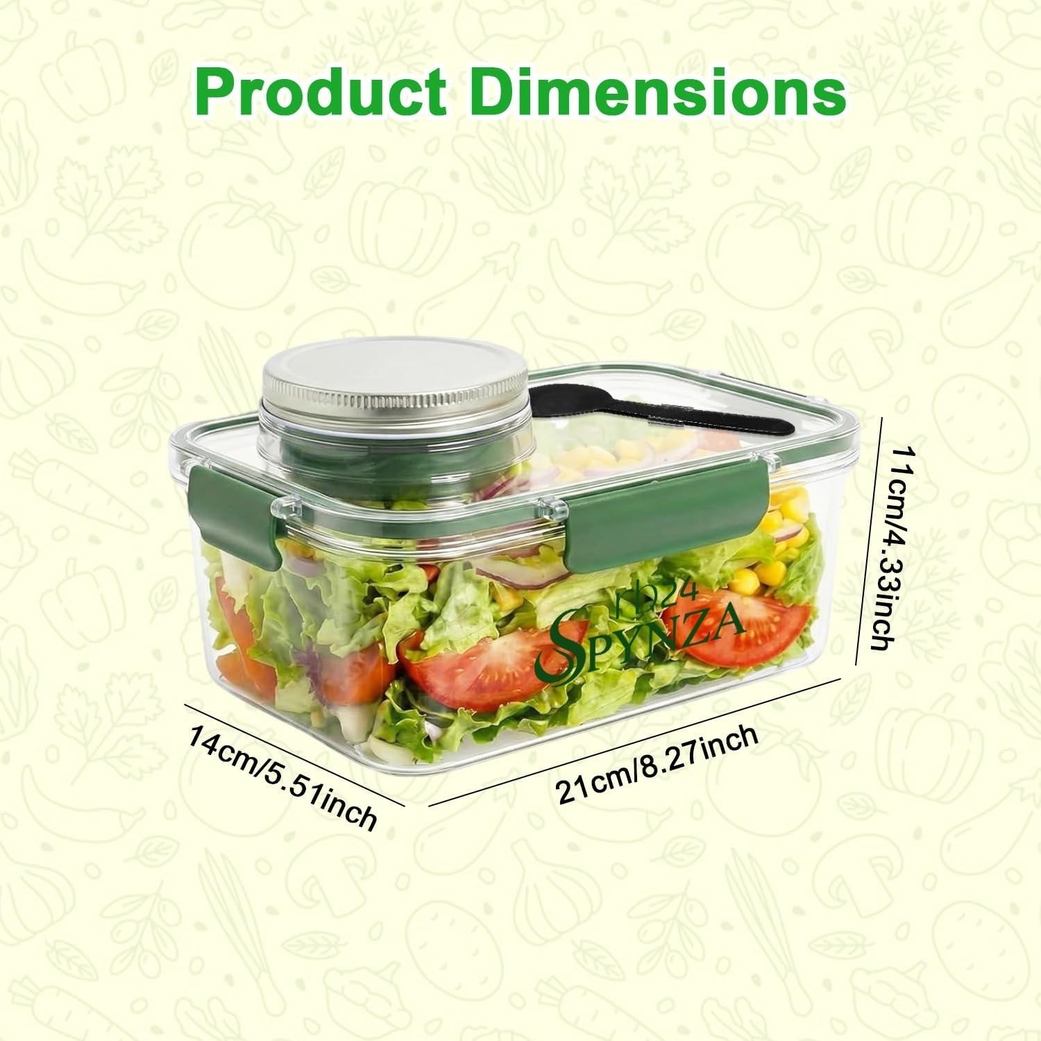 Spynza 34oz Salad Lunch Container Meal Prep Bowl Dressing Cup Fork Green NEW