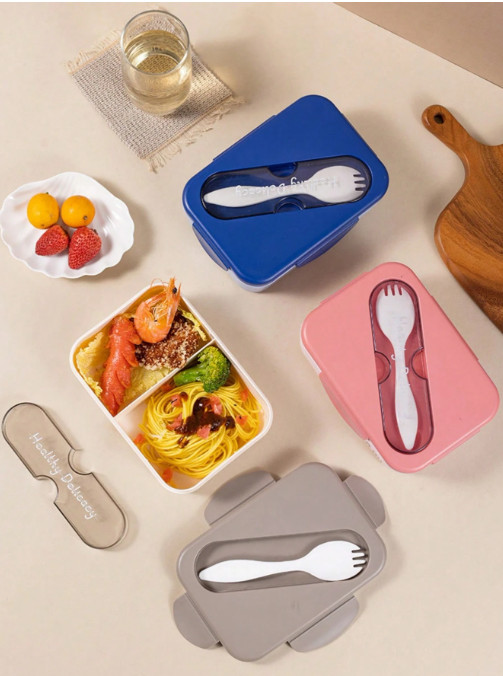 1Pc Bento Lunch Box With 2 Compartments & Cutlery – Reusable Microwave Safe