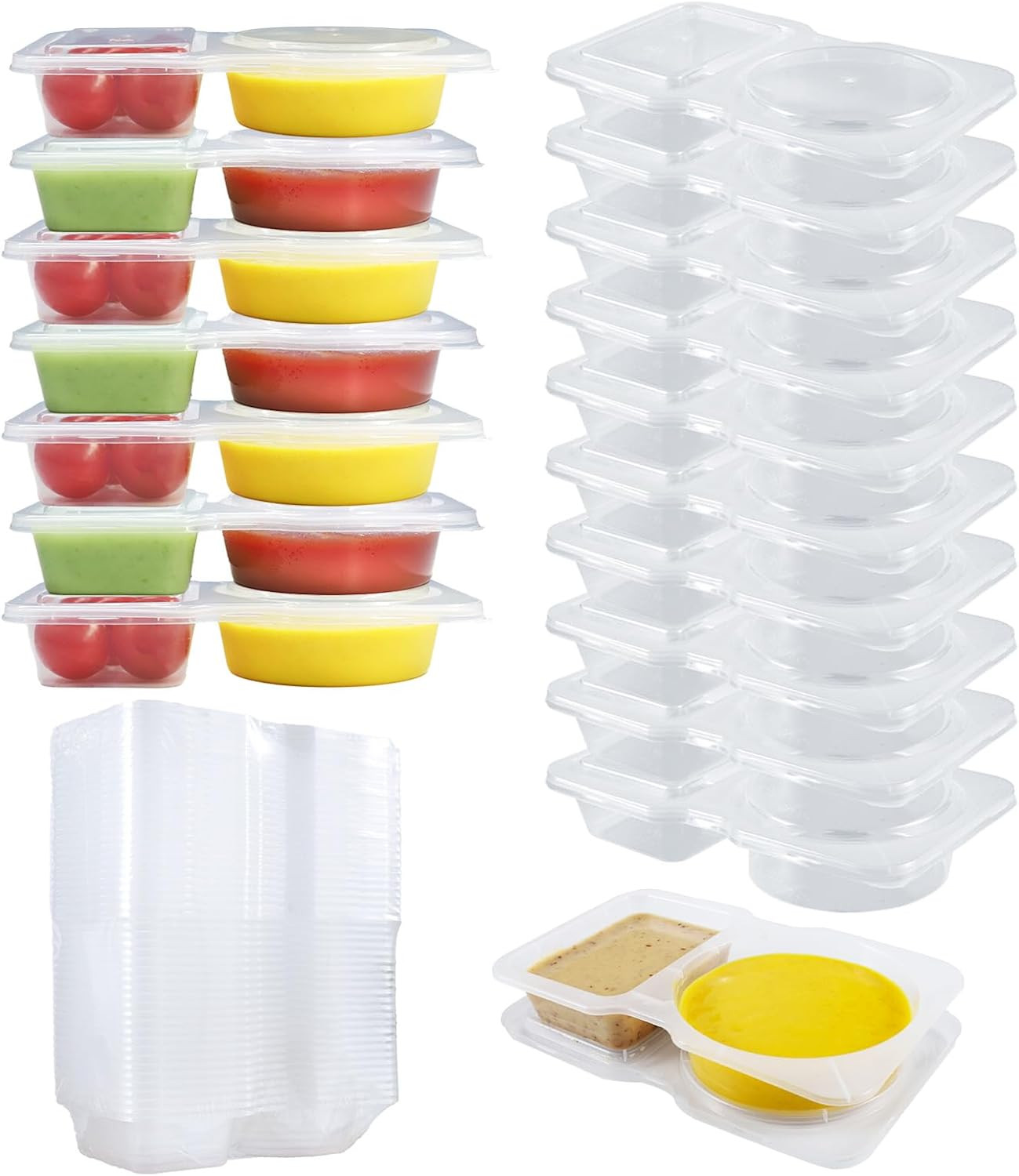 25 Set Reusable Snack Containers with Lid, 2 Compartment Plastic Condiment Conta