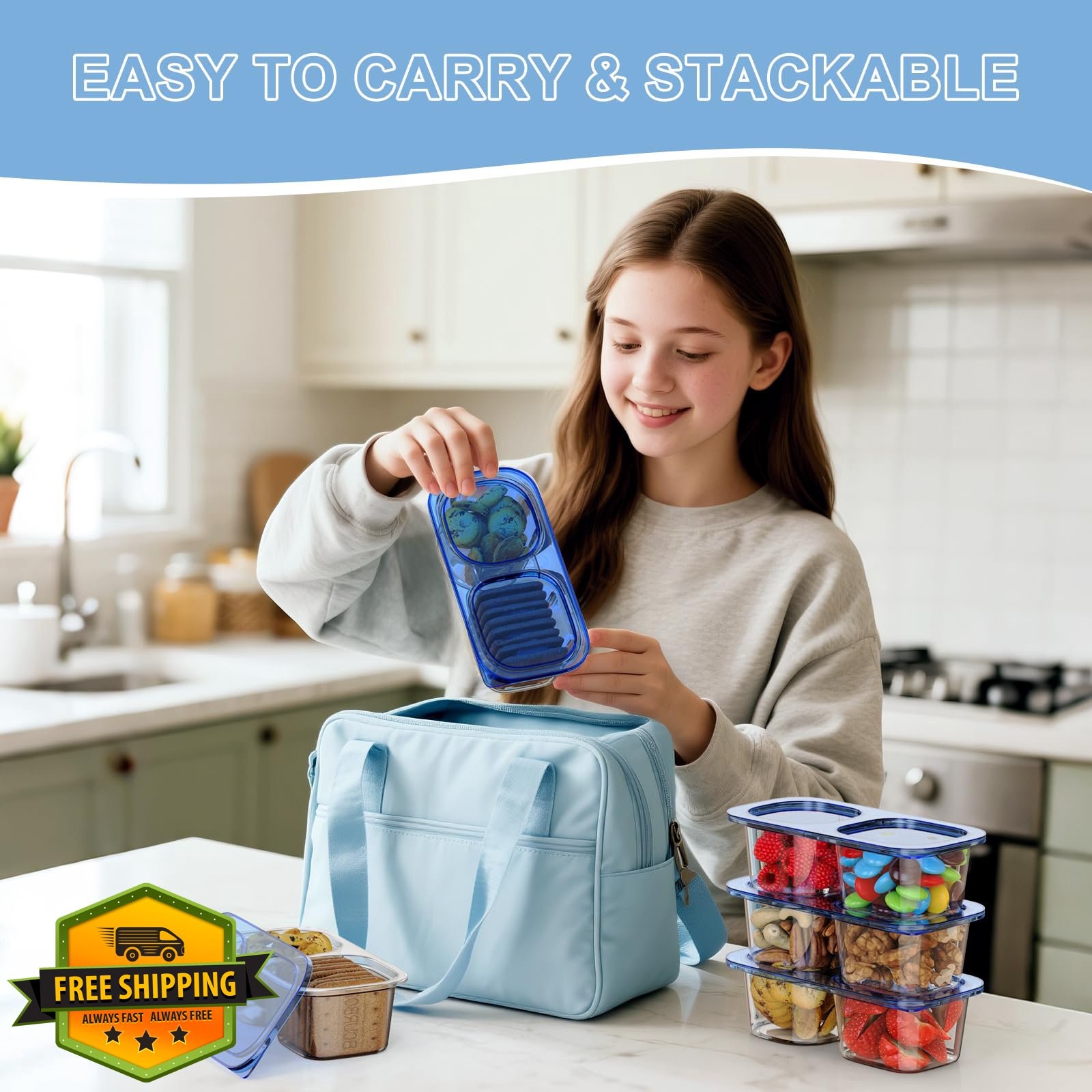 LUOFNI 10pk Navy Blue 2-Compartment Snack Containers