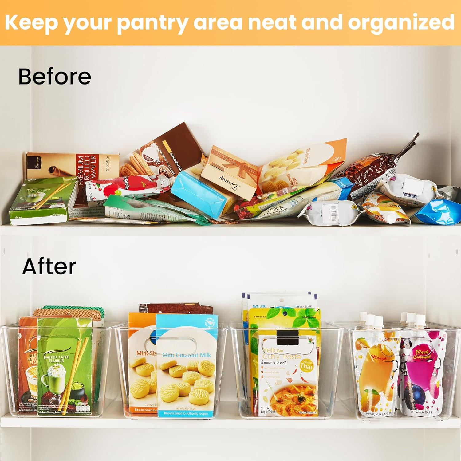 6 Pack Clear Pantry Organizer Bins, Plastic Containers with Handle for Kitchen,F