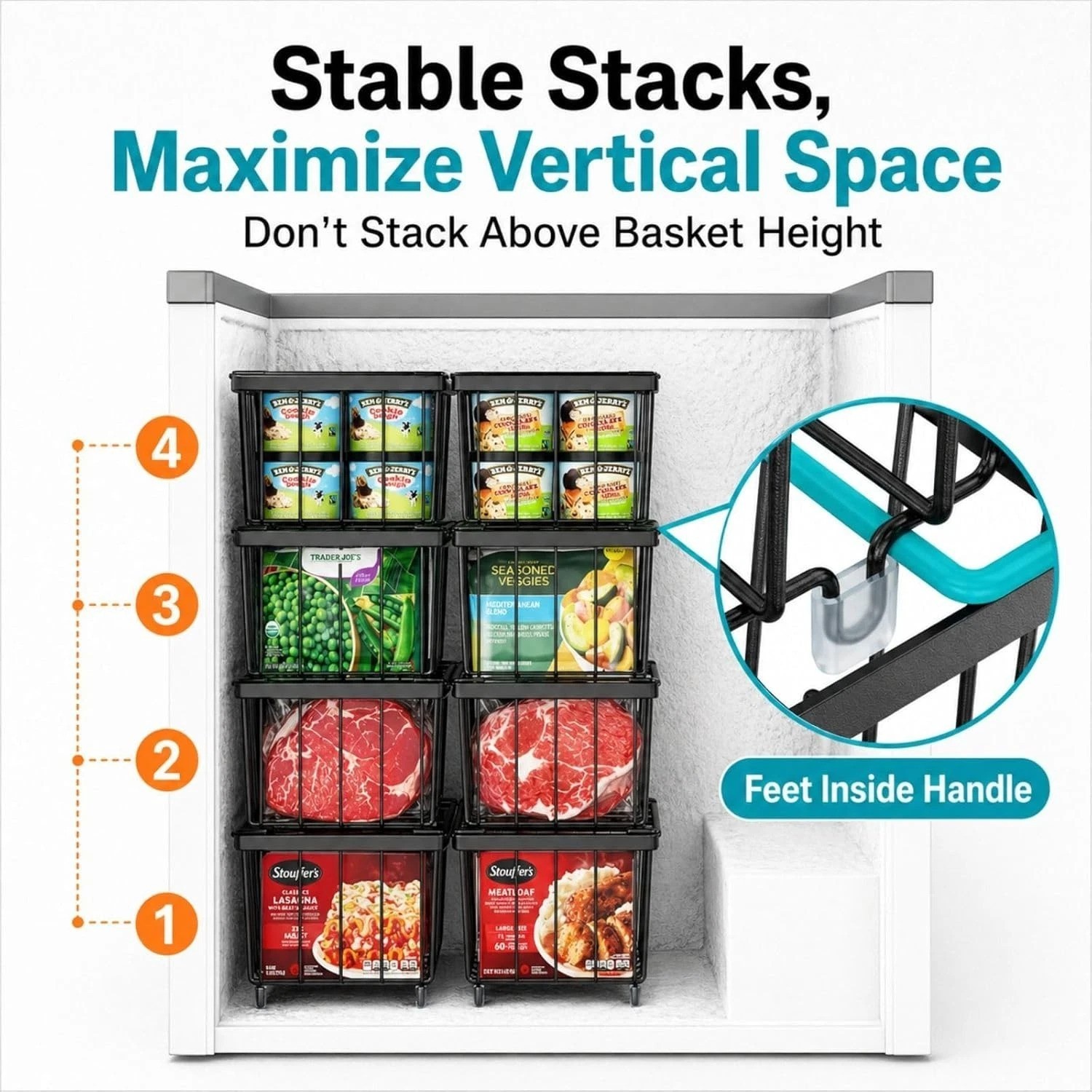 8pc Freezer Organizer Bins 14.7″ Stackable Metal Baskets Rust-Resistant