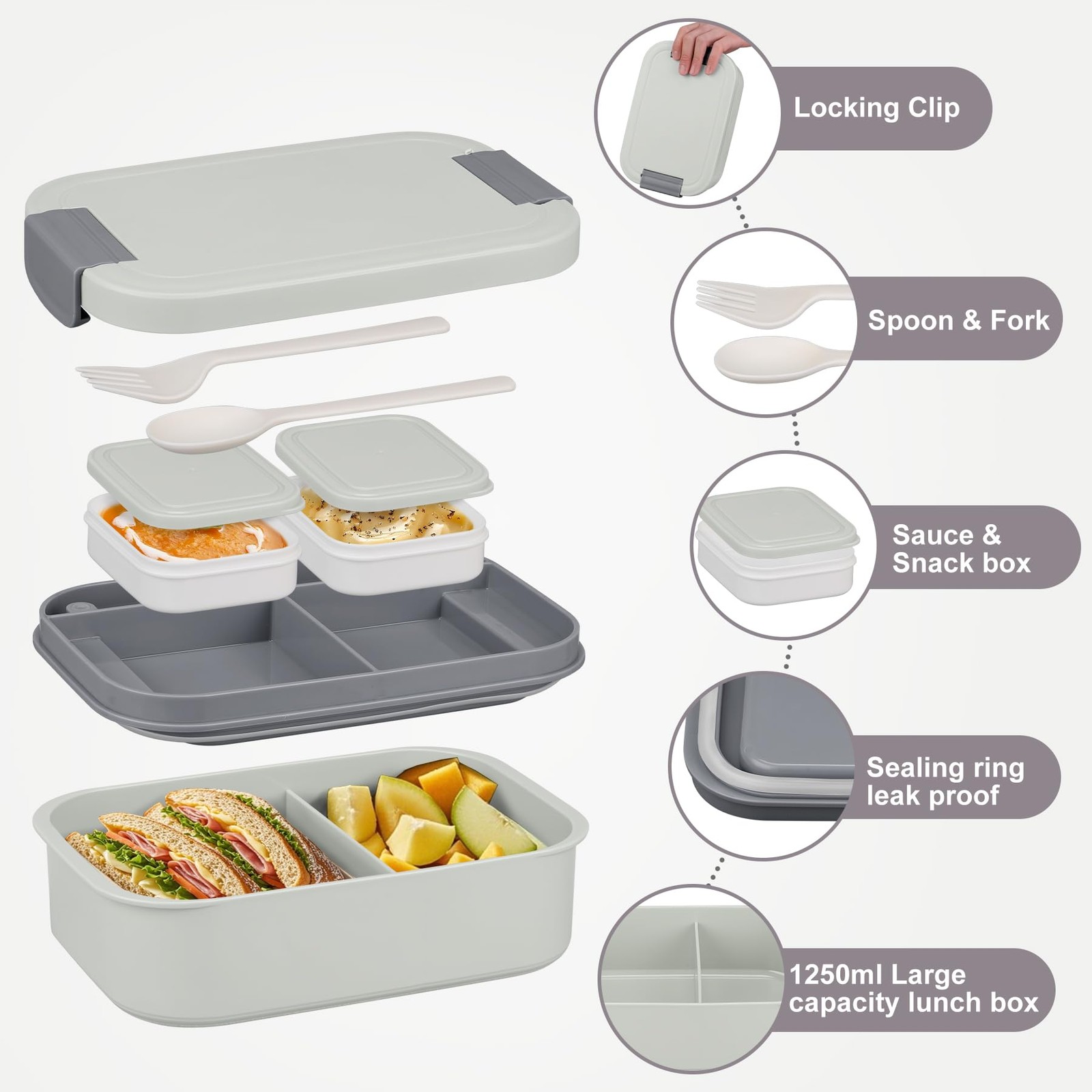 Large Bento Lunch Box Set for Adults Kids Women with 10.5oz Soup 1, Gray