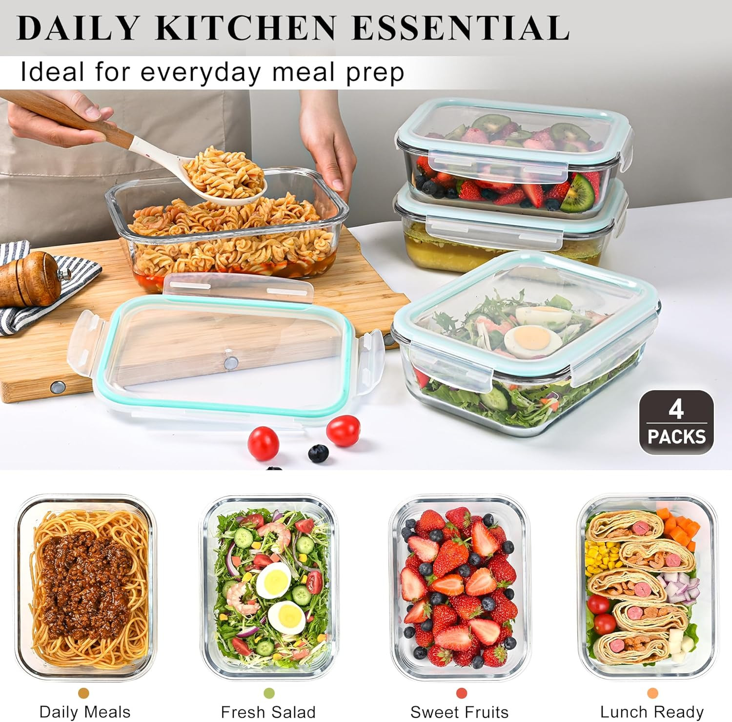4 Pack 52Oz Large Glass Food Storage Containers with Lids, Meal Prep Containers