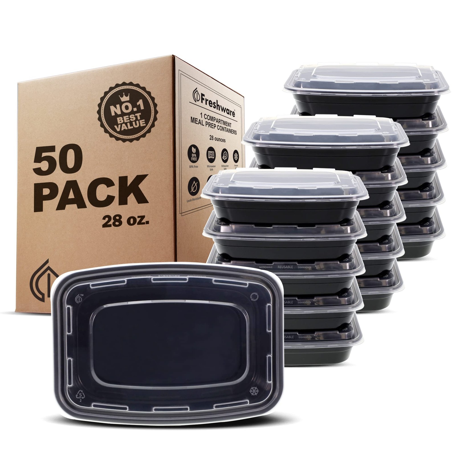 Freshware Meal Prep Containers 28OZ_50PK, 1-Compartment, 50-Pack, 28 ounce