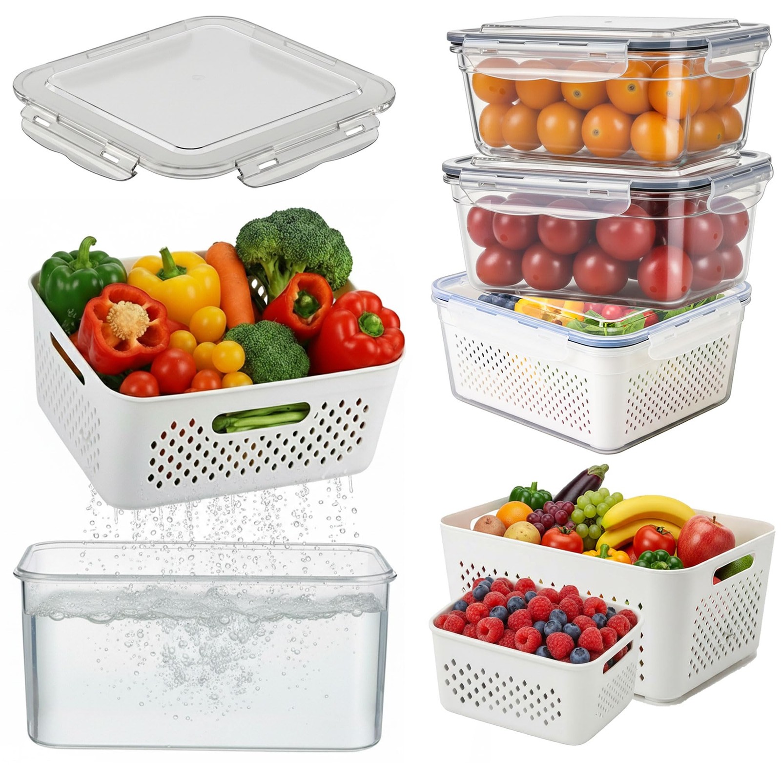 5 Pack Large Fruit Storage Containers for Fridge with Removable Colander-Plas…