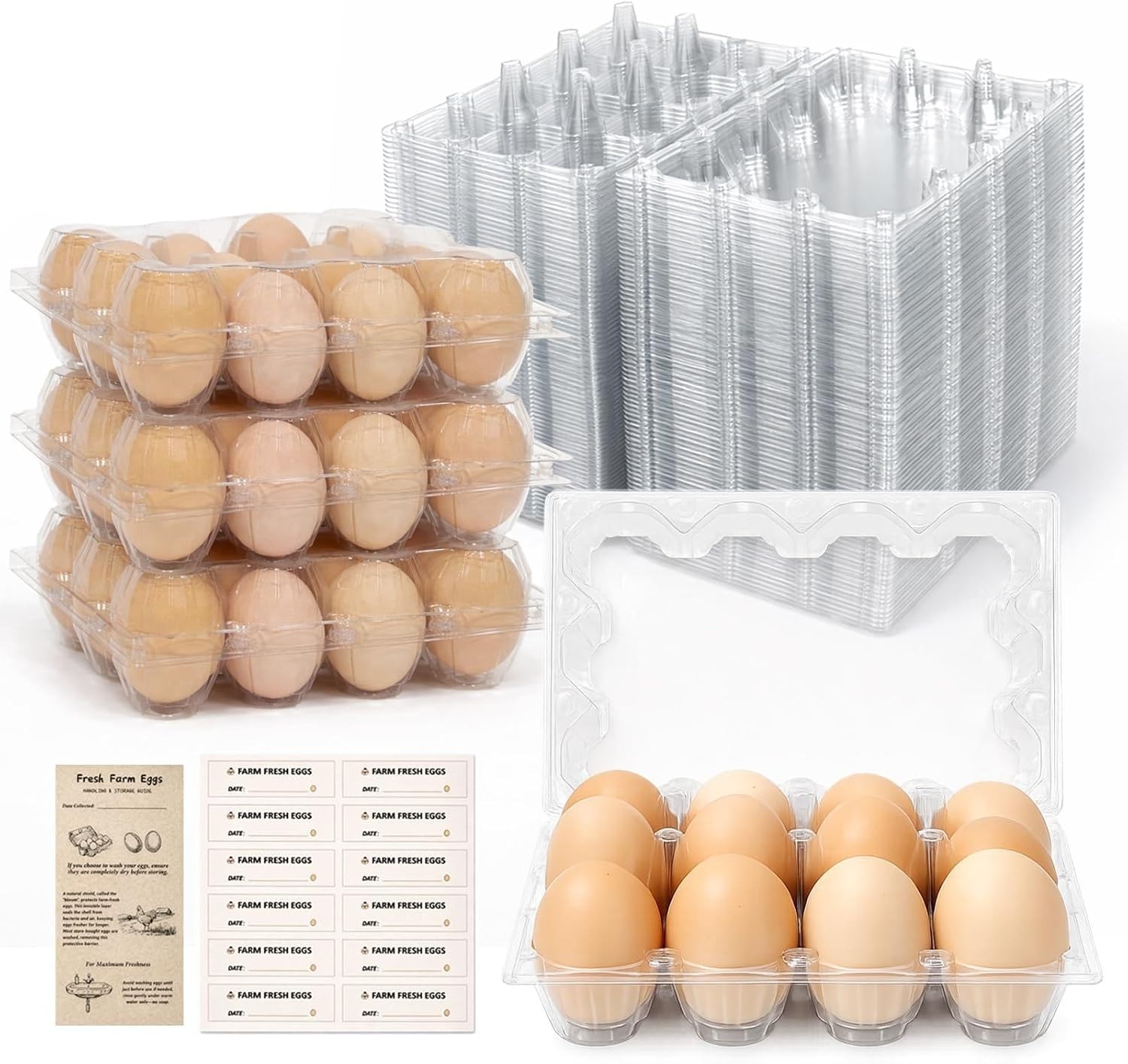 60 Pack Plastic Egg Cartons 12 Count Clear Reusable With Date Stickers