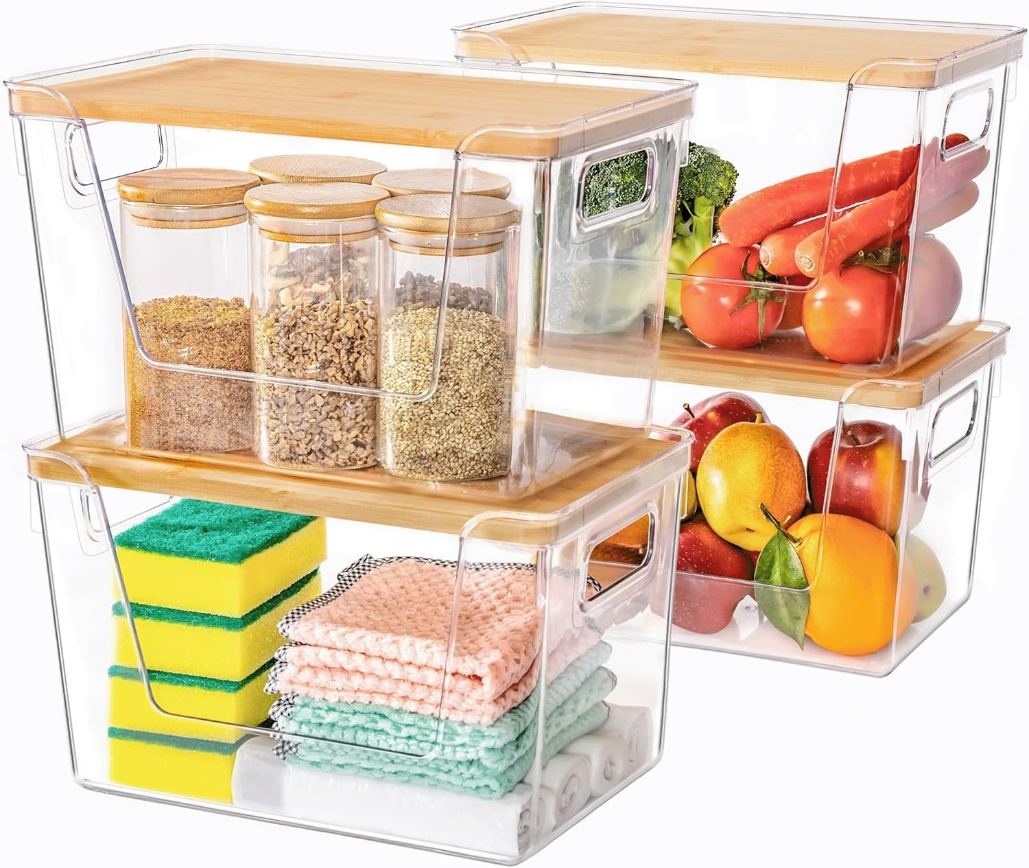 2 Set Pantry Organizers & Storage W/ Bamboo Lids Stackable Clear Bins Onion