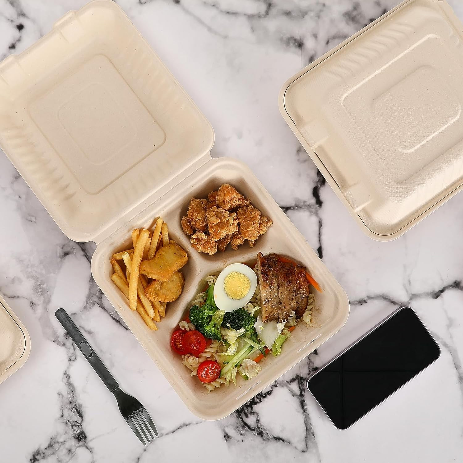 100PC 3 Compartment Compostable 8X9″ Takeout Lunch Box Containers with Lid to Go