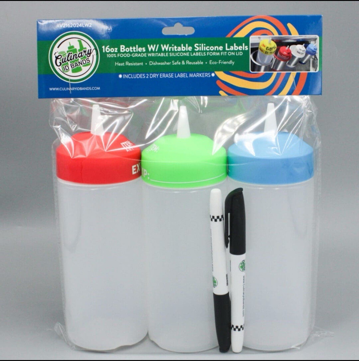 16 Oz Squeeze Bottles With Writable Silicone Labels 3pc Red, Green, Blue