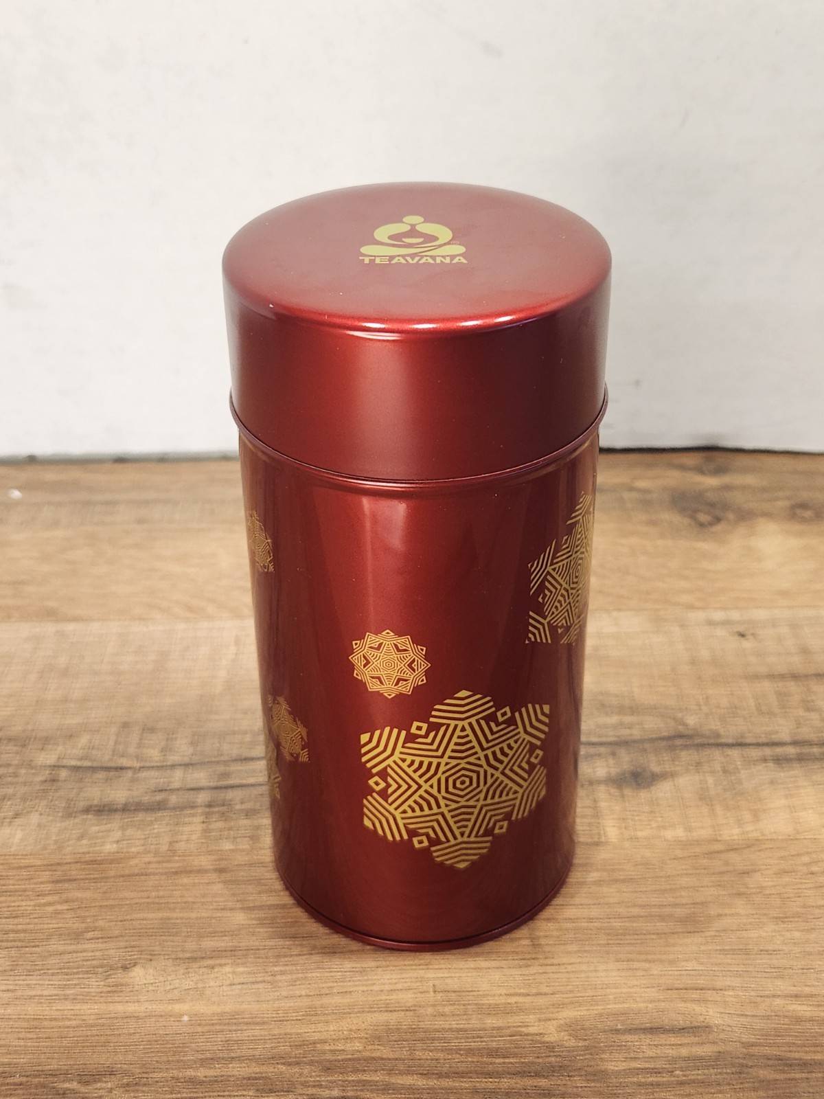 Teavana Tea Storage Tin Container Canister – Red Gold – Empty Snow Flake Rare!
