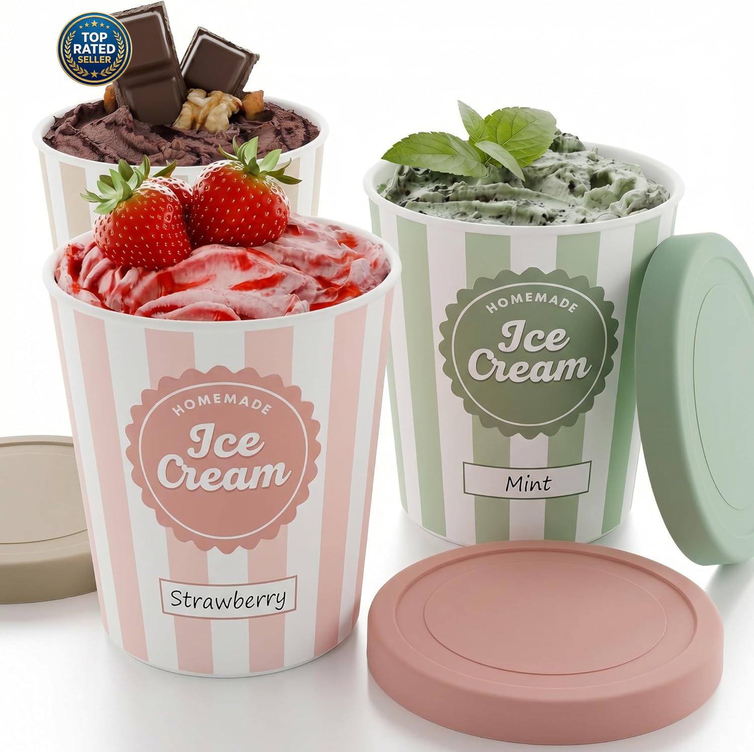 Set of 3 Reusable Ice Cream Containers 1 Quarts ea. – for Homemade Sorbet,