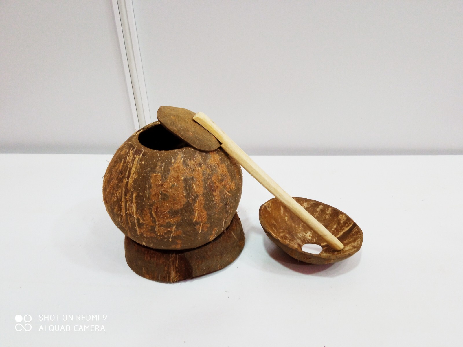 Eco Friendly Organic Handmade coconut shell salt container with spoon