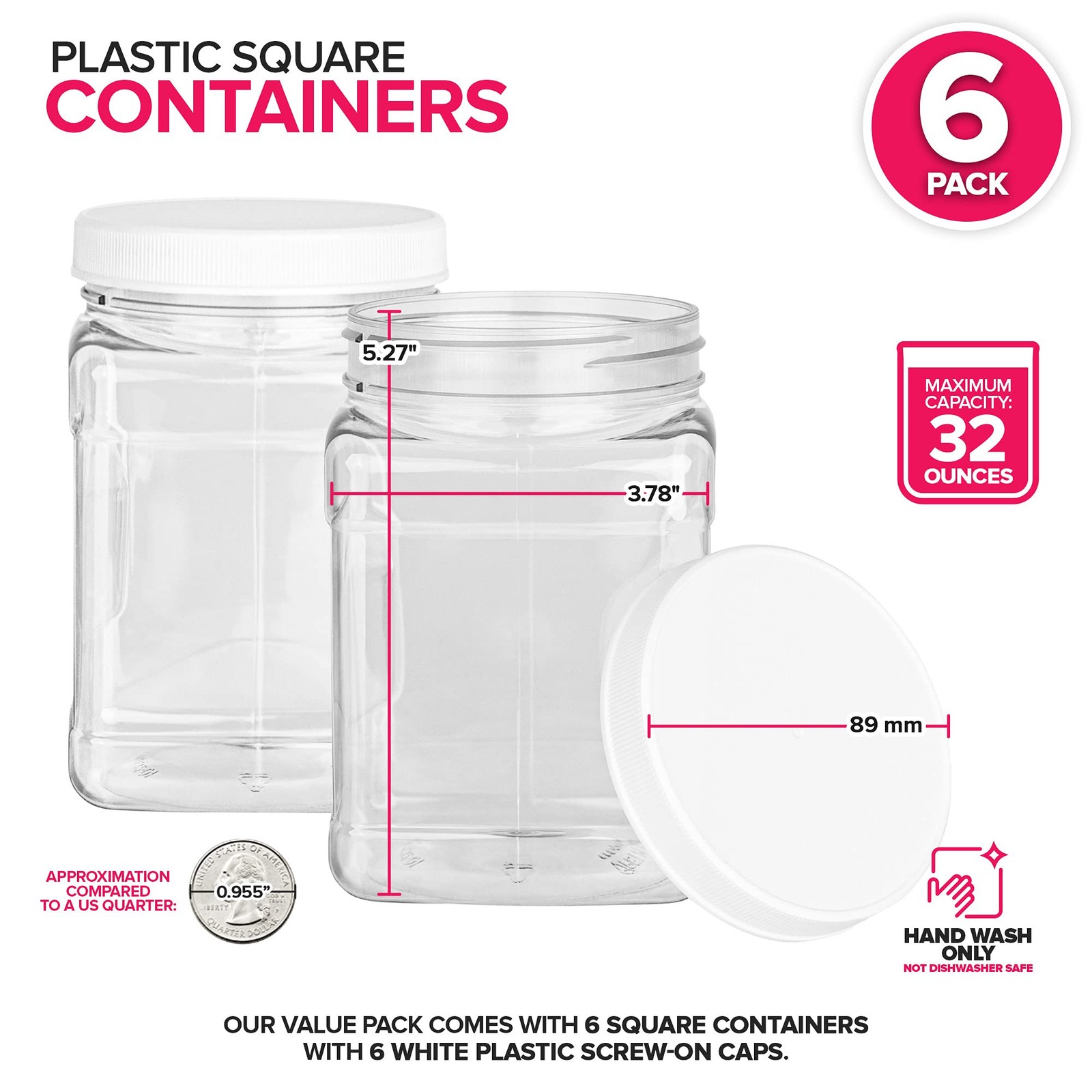 Stock Your Home Plastic Storage Jars 6 Pack 32 oz Square Plastic Canisters w