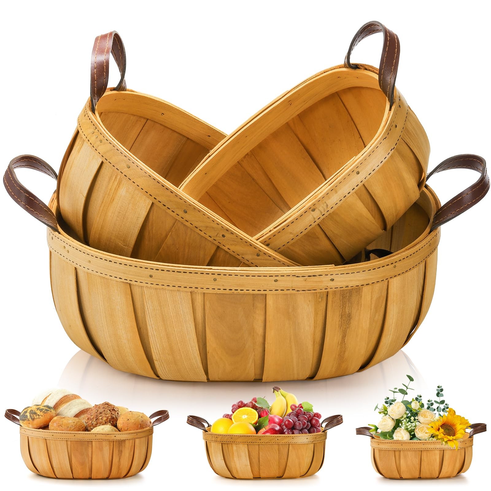 3 Pack Wooden Bread Baskets, Wood Chip Picnic Basket with Handles, Handmade W…
